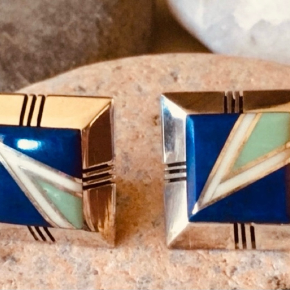 Vintage Gilbert Nelson Native American Lapis Turquoise Navajo Earrings - Picture 10 of 14